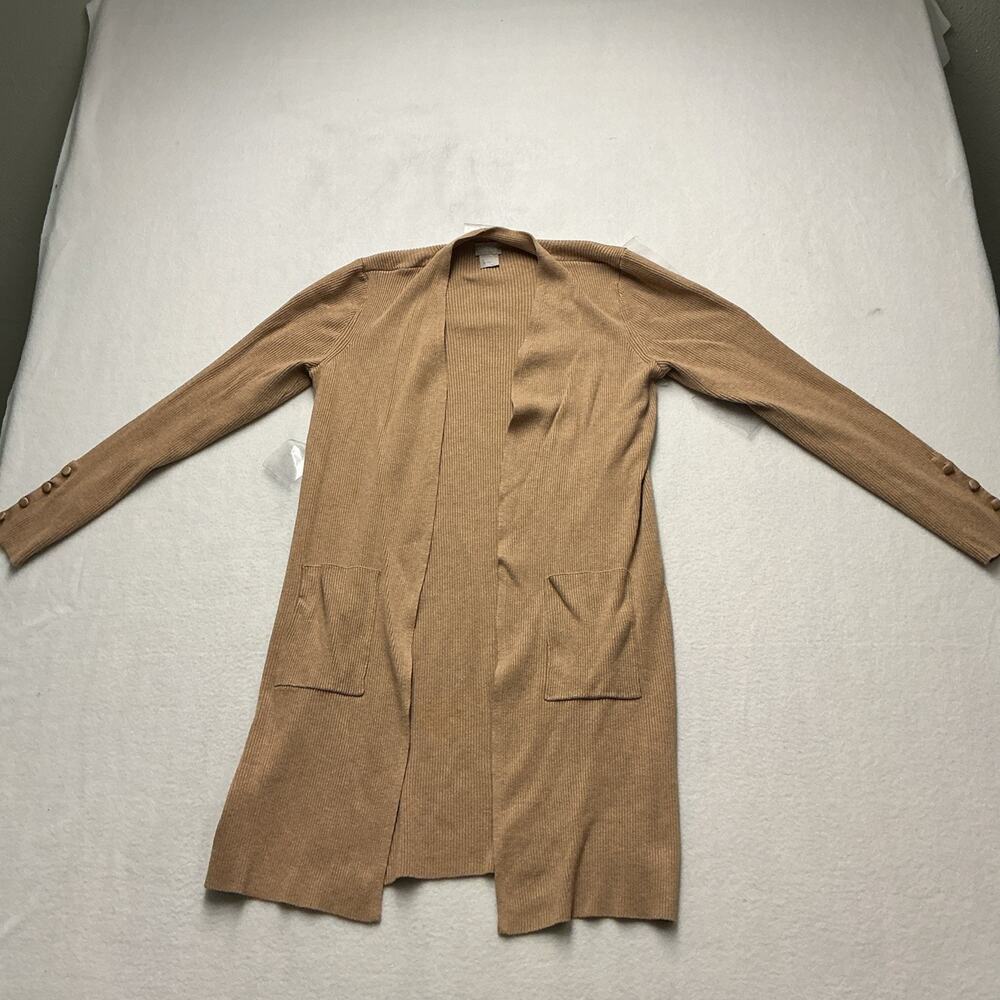 CHICO'S Tan OPEN FRONT Pockets RIBBED TRIM Knit CARDIGAN KIMONO Sz M, 4220